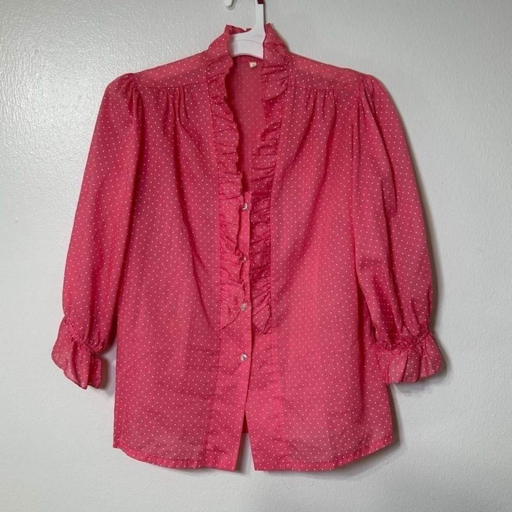 Vintage 70s Pink White Polka Dot Ruffled Button Up Blouse‎ Womens S